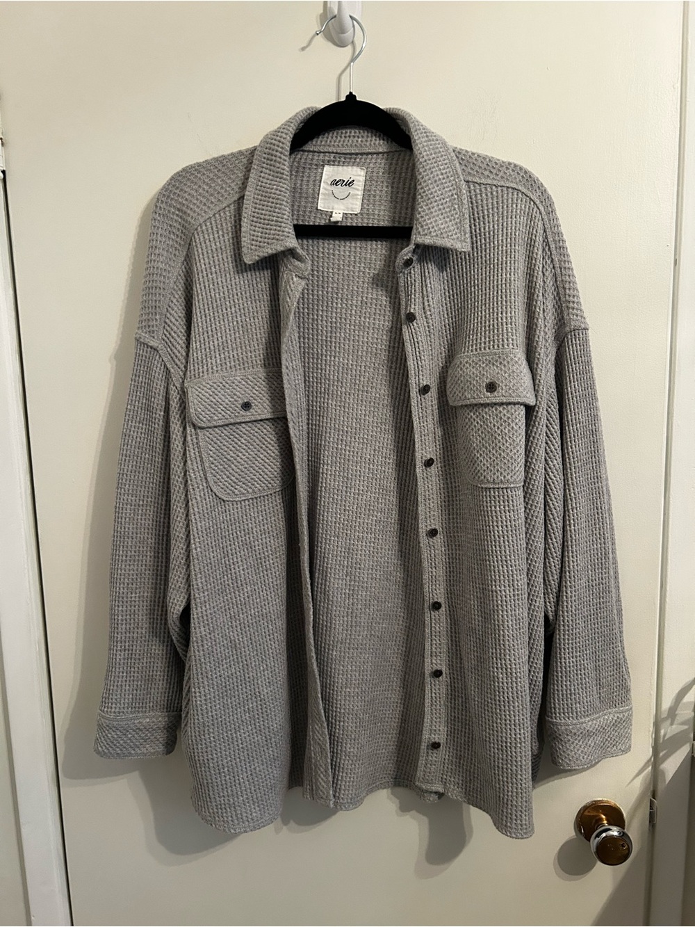 Aerie Gray Waffle-Knit Button-Up Sweater Shirt